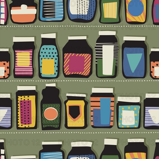 Seamless pattern with jars in colors. Background vector template design for packaging