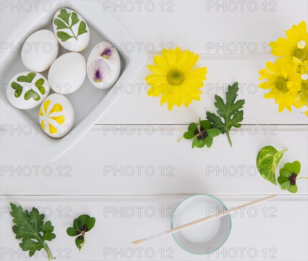 Easter eggs container near flowers leaves cup with dye liquid