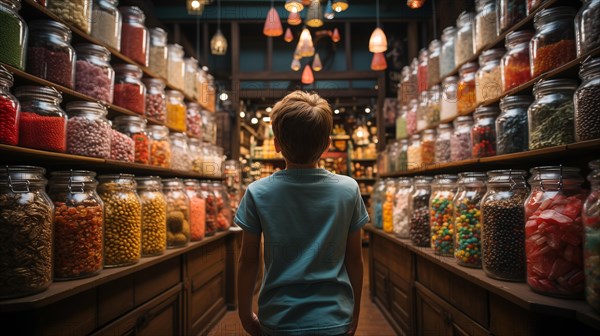 Back view of a small child walking amidst a bountiful display of glass candy jars at a market filled with endless varieties of colorful confections and an abundant selection of sweet treats. generative AI