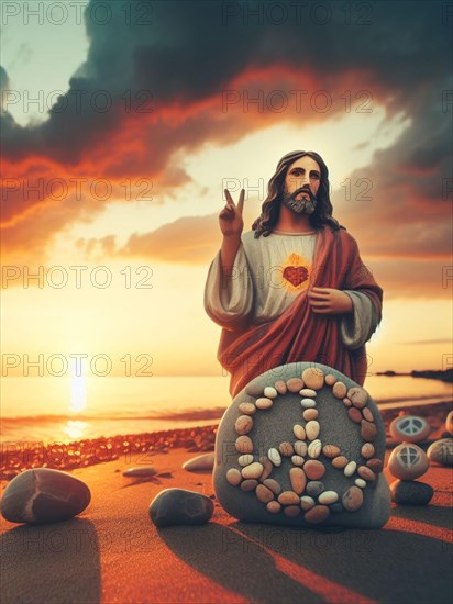 Sculpture of Jesus Christ made of pebbles at the beacj at sunset