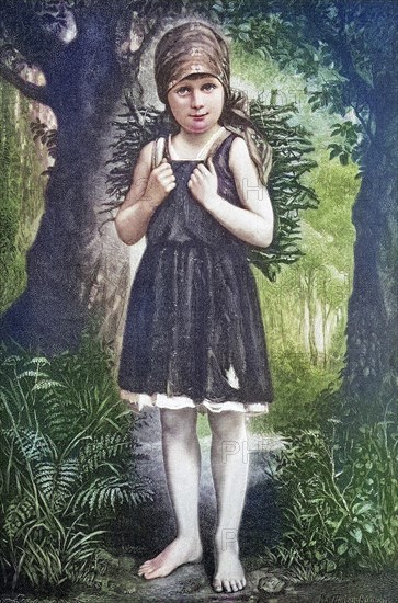 Barefoot girl collecting wood in the forest