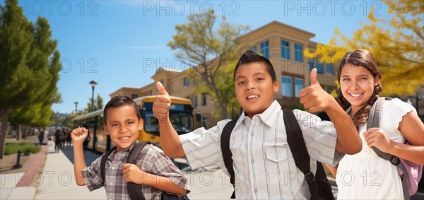 Excited young hispanic boy wearing a backpack giving two thumbs up surrounded by his friends on campus