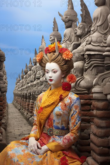 Gorgeous Cambodian young woman wearing traditional dress sitting in front of traditional sculpture