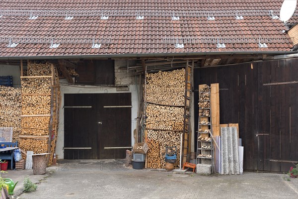 Stacked firewood on a farm