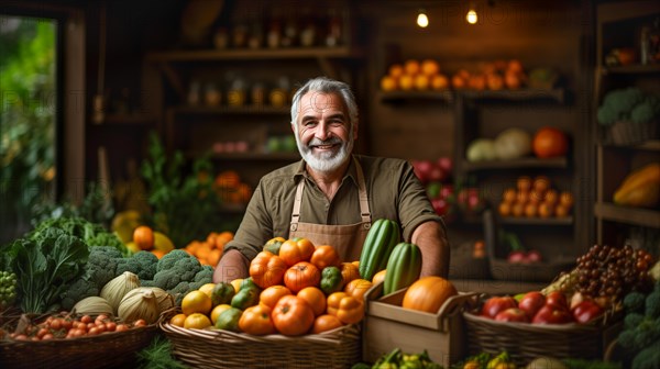 Bearded farmer tending to his fresh and bountiful produce harvest crates. generative AI