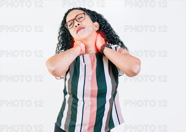 People with neck tension isolated. Neck pain and stress concept. Afro girl suffering with neck pain isolated