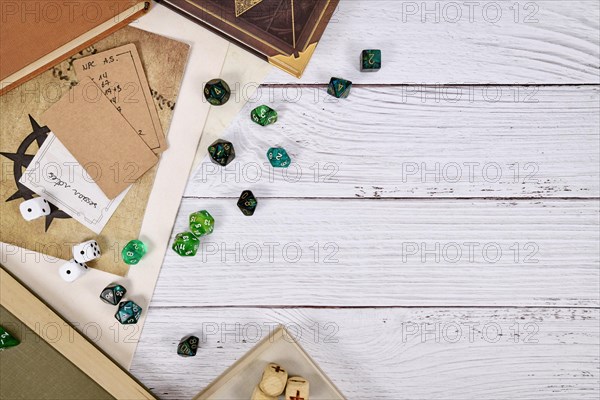 Tabletop role playing flat lay background with RPG dices
