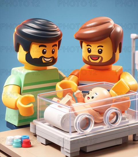 Illustration depicting couple of joyful persons at the hospital neonatology paediatrics take care of newborn