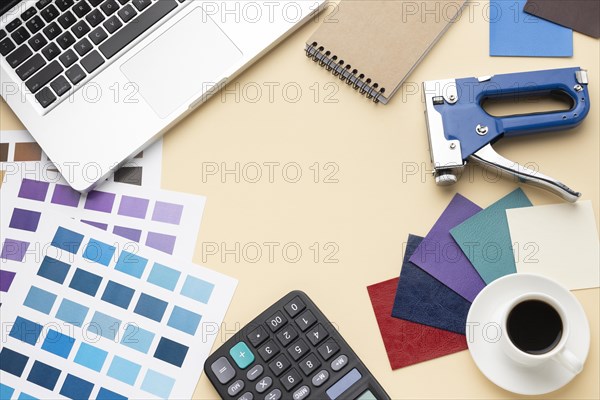 Flat lay graphic designer desk composition