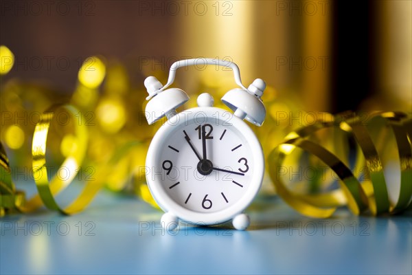 Front view white clock ribbon golden background