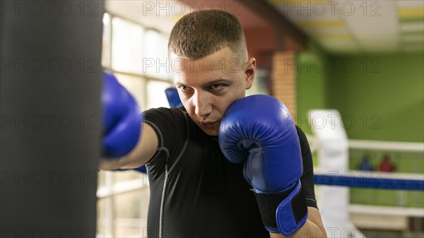Male boxer training with gloves