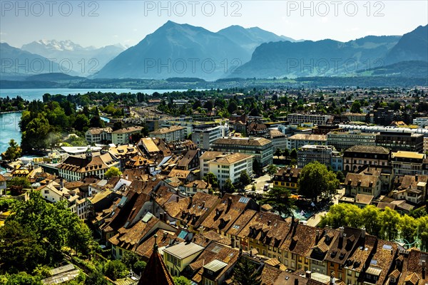 Aerial View over City of Thun and Lake with Mountain in a Sunny Day in Bernese Oberland