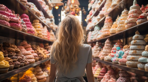 Young adult woman standing amid towering shelves of delicious pastries. generative AI