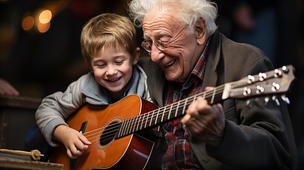 Elderly person playing a ukulele