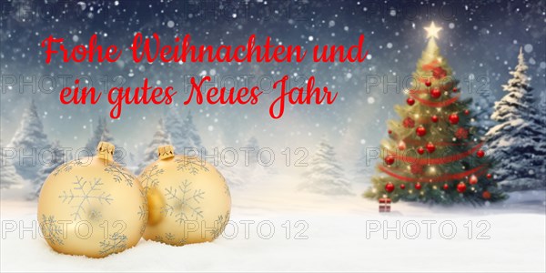 Christmas card Merry Christmas with Christmas baubles card decoration panorama winter Christmas tree snow in Stuttgart