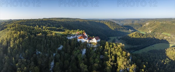 Aerial panorama of Wildenstein Castle near Leibertingen in the morning sun