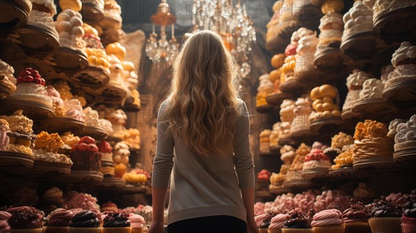 Young adult woman standing amid towering shelves of delicious pastries cakes and baked goods. generative AI