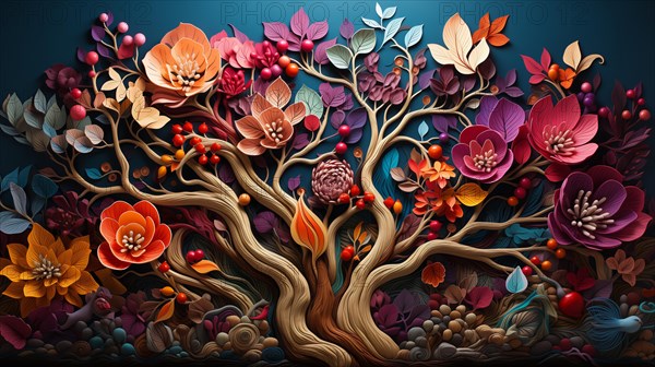 Vibrant colorful paper sculpture of a bountiful flourishing tree representing abundance in life. generative AI