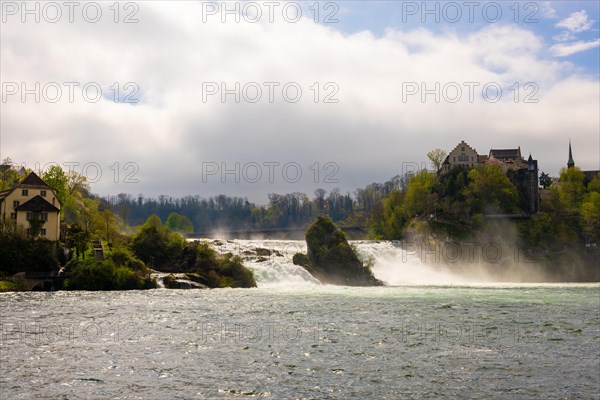 Rhine Falls and Swiss Flag with the Castle Laufen at Neuhausen in Schaffhausen