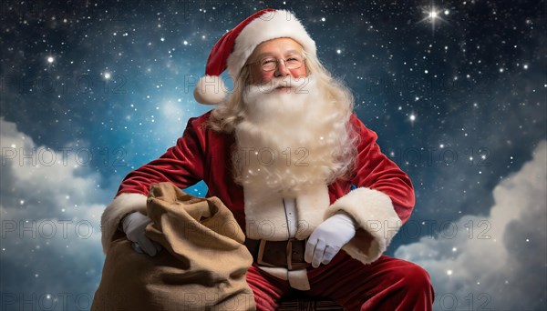 Father Christmas with a sack of presents sits in front of a starry sky