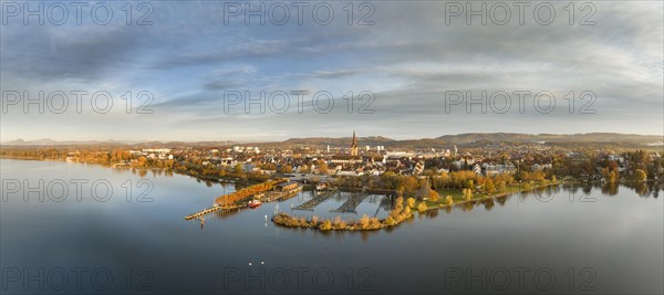 Aerial panorama of the town of Radolfzell on Lake Constance in autumnal vegetation with the Waeschbruckhafen