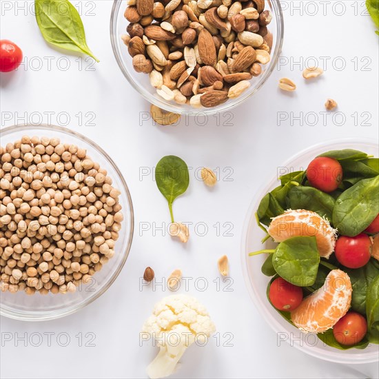 Bowls healthy ingredients white background