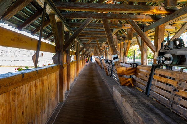 Inside of Beautiful Obere Schleuse Bridge in City of Thun in a Sunny Summer Day