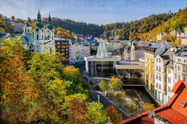 Church of St. Mary Magdalene and the Tepla Valley Spring Colonnade in autumn