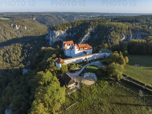 Aerial view of Wildenstein Castle near Leibertingen in the morning sun