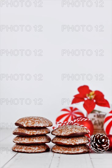 Stacks of traditional German round glazed gingerbread Christmas cookie called 'Lebkuchen'