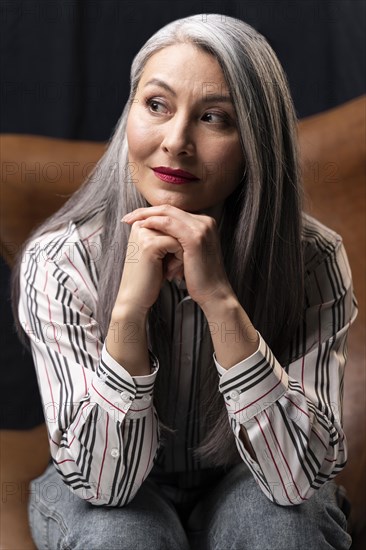 Beautiful senior woman portrait posing chair 2