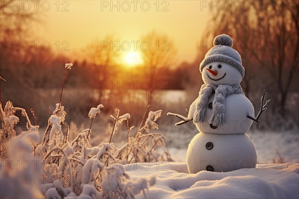 A cheerful looking snowman stands in a forest