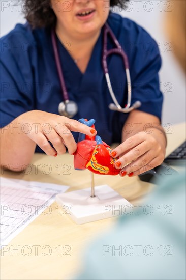 Close-up photo of an unrecognizable cardiologist using a heart shape model to explain something to a patient