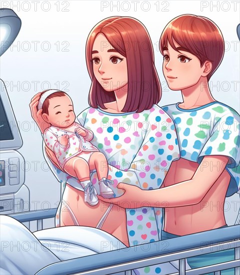 Illustration depicting couple of lesbian gay persons at the hospital neonatology paediatrics take care of newborn