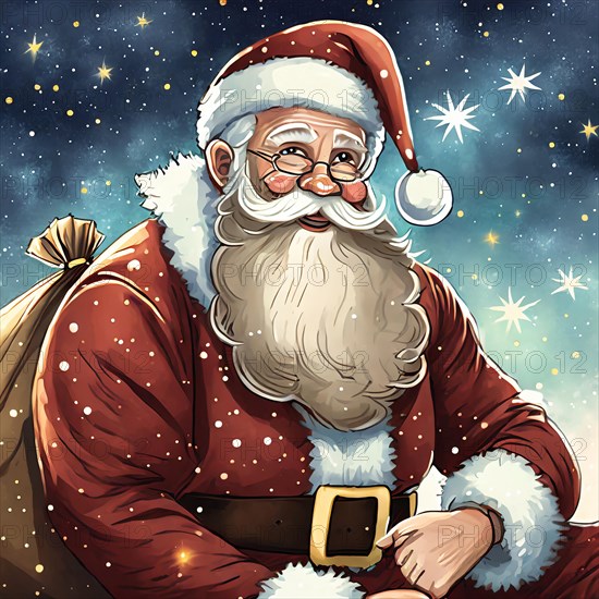 Father Christmas with a sack of presents sits in front of a starry sky