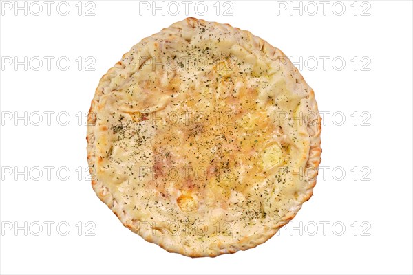 Top view of round closed vegetarian pizza isolated on white