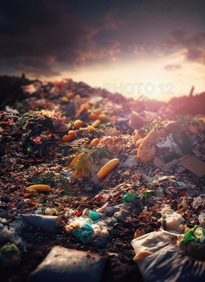 Big landfill with thrown food waste in the dark sunset light. Global hunger issue concept