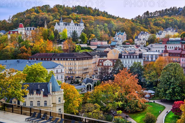 Town view with typical Art Nouveau buildings in autumn