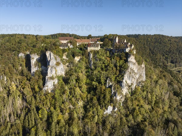 Aerial view of Werenwag Castle on a rocky spur in the upper Danube valley