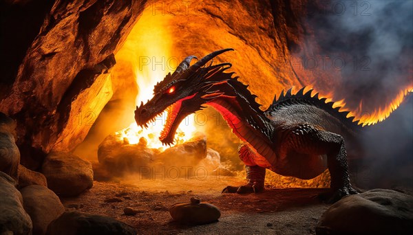 A fire-breathing dragon sits in a cave