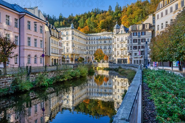 Grandhotel Pupp on the banks of the Tepla in autumn