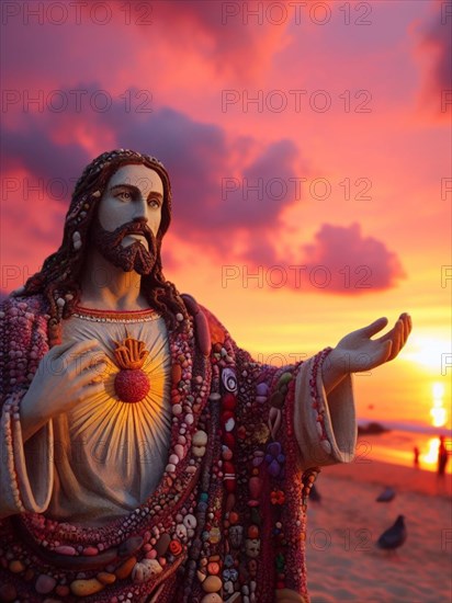 Sculpture of Jesus Christ made of pebbles at the beacj at sunset