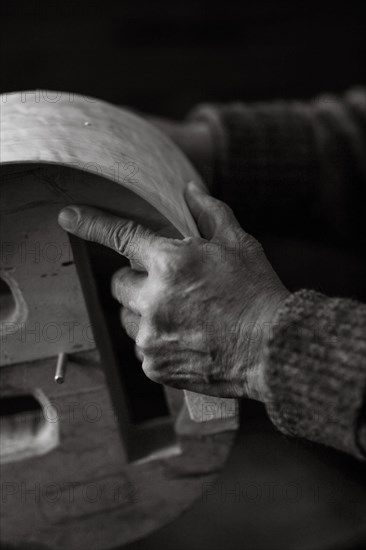 Wrinkled hand of senior Luthier artisan violin maker carve sculpt chisel ribs of a new classical model cello in workshop Cremona Italy