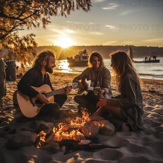 Young people relaxed on the beach with a campfire