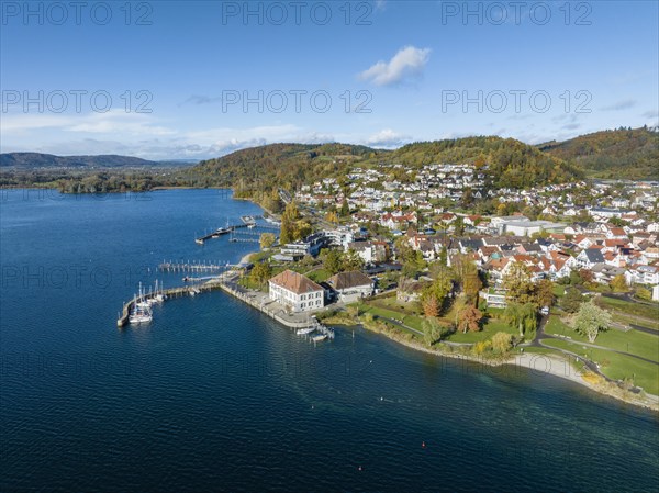 Aerial view of Lake Constance with the municipality of Bodman-Ludwigshafen with the marina and old customs house