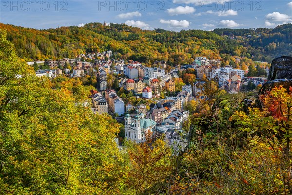 Panorama of the historic centre with the Church of St. Mary Magdalene in autumn