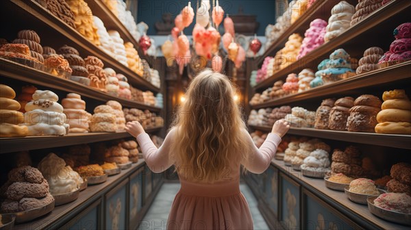 Young girl standing amid towering shelves of delicious pastries