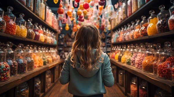 Back view of a small child walking amidst a bountiful display of glass candy jars at a market filled with endless varieties of colorful confections and an abundant selection of sweet treats. generative AI