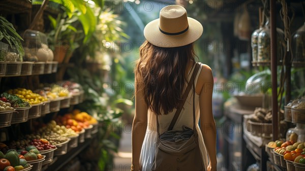 Young adult woman walking the bountiful farmers market. generative AI