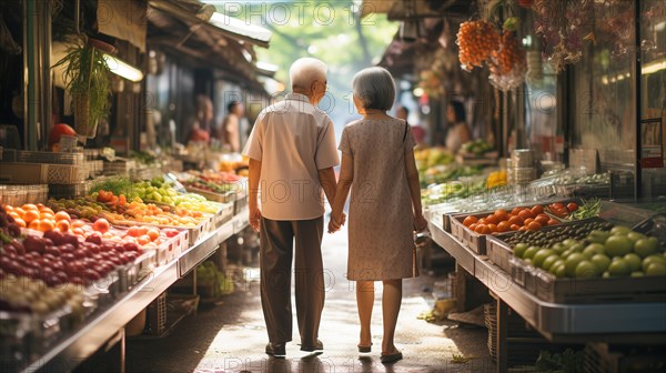 Happy senior adult chinese couple enjoying the farmers market with bountiful produce. generative AI